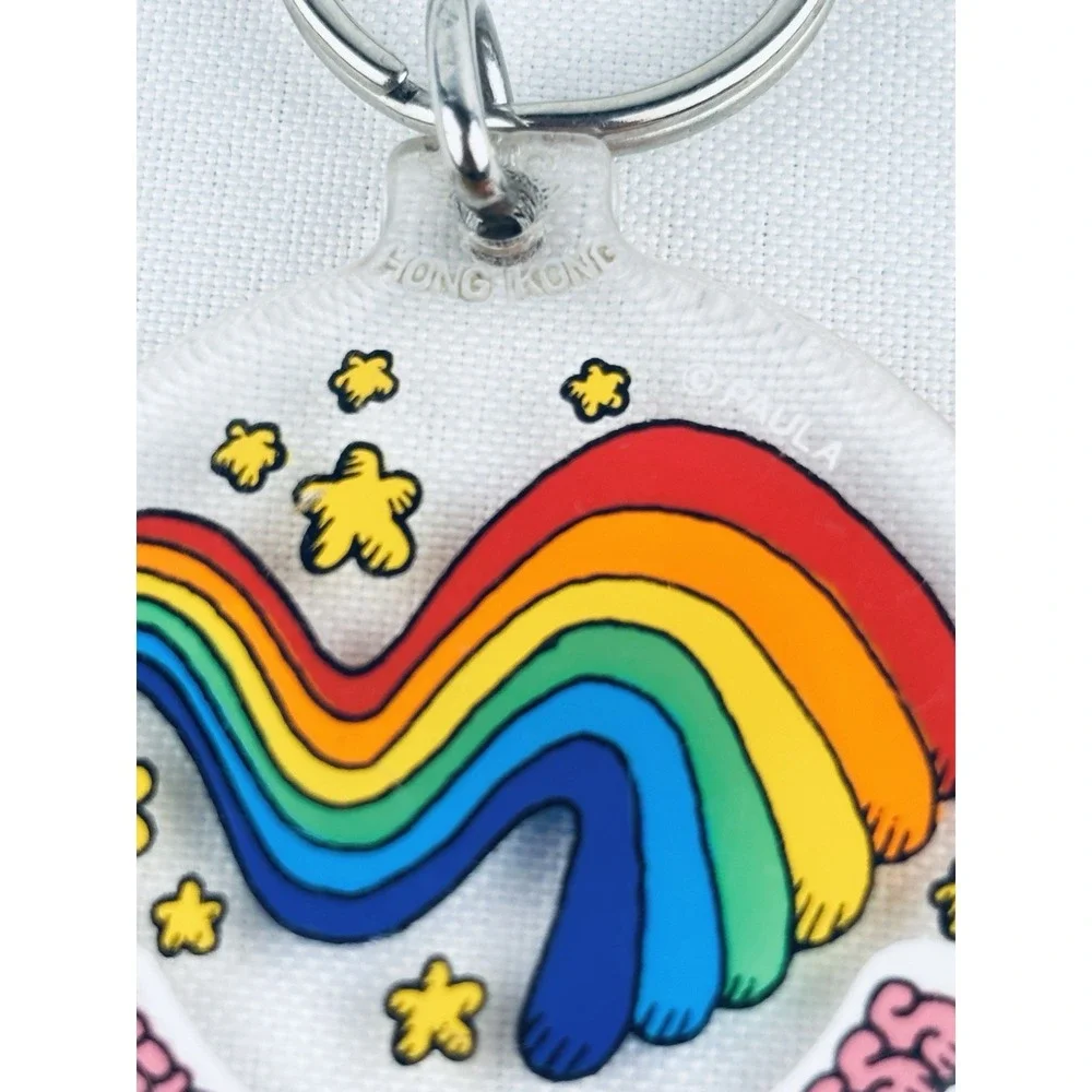 Vintage‎ Keys To Happiness Rainbow Stars Acrylic Round Keychain Key Ring